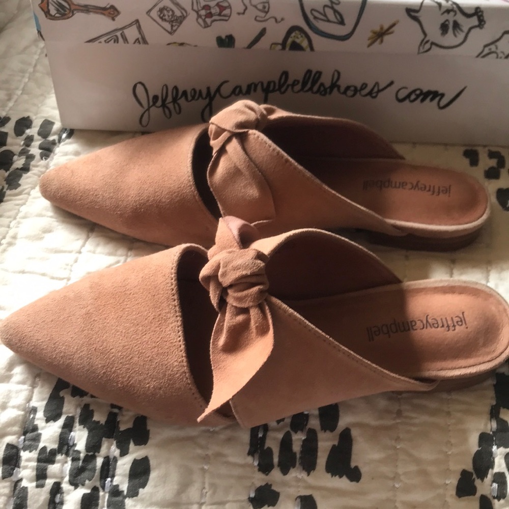 Jeffreycampbellshoes blush suede nude mules.